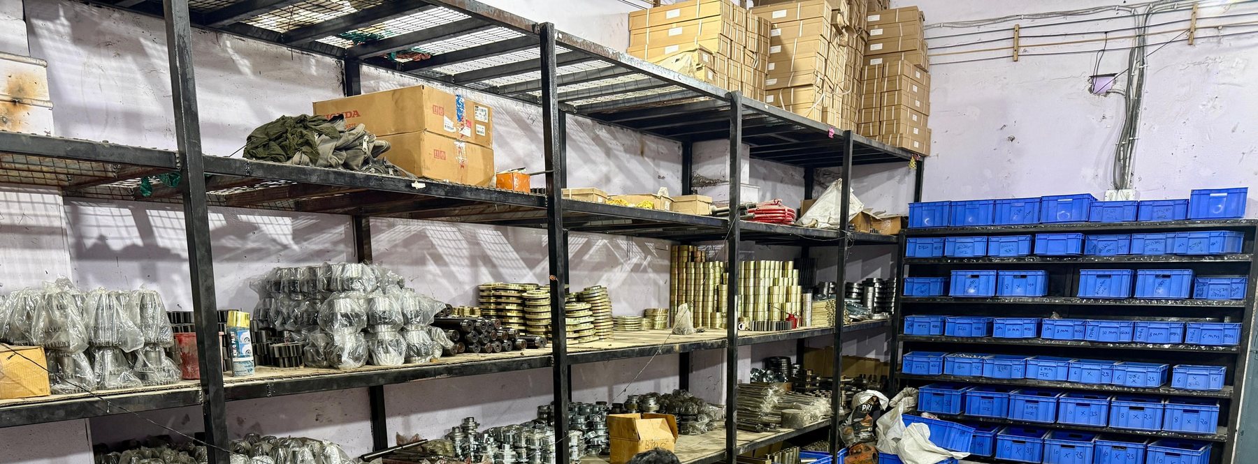 Racking at the BMC Power stores in Delhi, holding bearings, bushes, seals and machined components